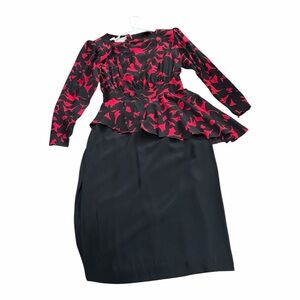 Silk Studio Vintage 80s Peplum Dress Black Red Size 10 Retro